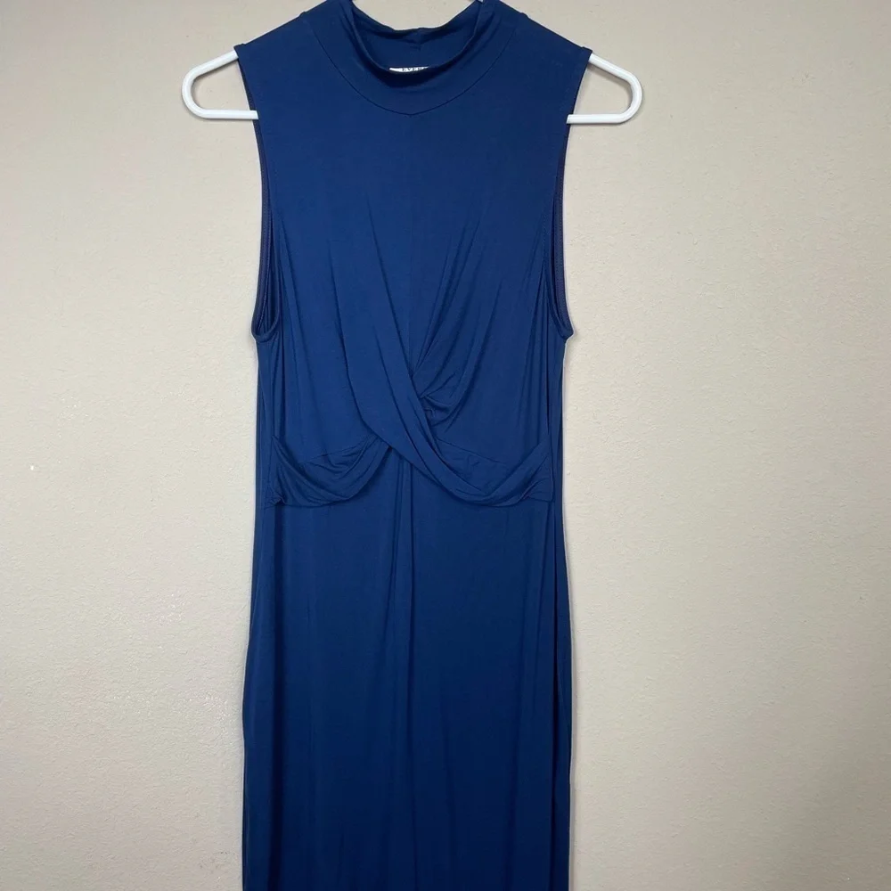Everly Sleeveless mock neck twist front rayon navy fitted bodycon dress sz S EUC - Picture 1 of 7